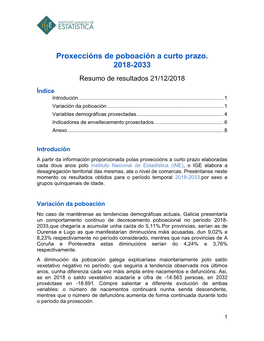 Proxeccións De Poboación a Curto Prazo. 2018-2033 Resumo De Resultados 21/12/2018