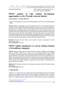 SWOT Analysis of Wine Tourism Development Opportunities in the Trstenik Vineyard District – Hotel and Tourism Management, 2020, Vol