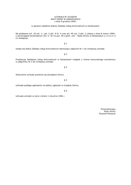 UCHWAŁA Nr XII/68/95 RADY GMINY W HARASIUKACH Z Dnia 9 Grudnia 1995R. W Sprawie Ustalenia Statutu Zakładu Usług Komunalnyc
