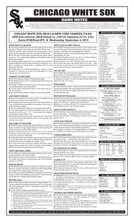 CHICAGO WHITE SOX GAME NOTES Chicago White Sox  Media Relations Departmentgame  333 W