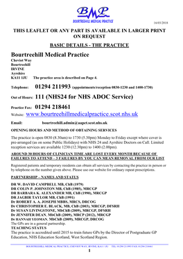 Bourtreehill Medical Practice Cheviot Way Bourtreehill IRVINE Ayrshire KA11 1JU the Practice Area Is Described on Page 4