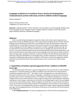 Language Evolution to Revolution: from a Slowly Developing Finite Communication System with Many Words to Infinite Modern Language