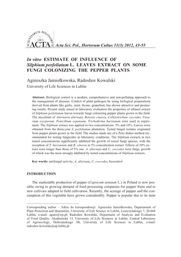 In Vitro ESTIMATE of INFLUENCE of Silphium Perfoliatum L. LEAVES EXTRACT on SOME FUNGI COLONIZING the PEPPER PLANTS