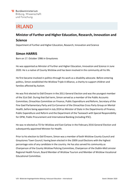 IRLAND Minister of Further and Higher Education, Research, Innovation and Science Department of Further and Higher Education, Research, Innovation and Science