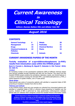 Current Awareness in Clinical Toxicology Editors: Damian Ballam Msc and Allister Vale MD