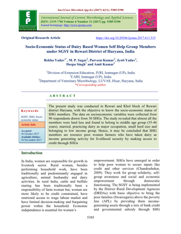 Socio-Economic Status of Dairy Based Women Self Help Group Members Under SGSY in Rewari District of Haryana, India