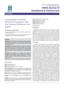 Laryngospasm Caused by Removal of Nasogastric Tube After Tracheal Extubation: Case Report