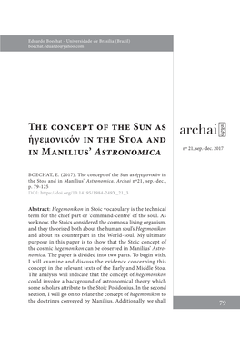 The Concept of the Sun As Ἡγεμονικόν in the Stoa and in Manilius’ Astronomica Nº 21, Sep.-Dec