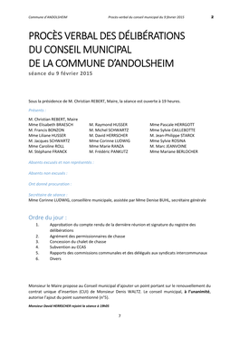 PROCÈS VERBAL DES DÉLIBÉRATIONS DU CONSEIL MUNICIPAL DE LA COMMUNE D’ANDOLSHEIM Séance Du 9 Février 2015