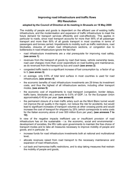 Improving Road Infrastructure and Traffic Flows IRU Resolution Adopted by the Council of Direction at Its Meeting in Brussels on 18 May 2000