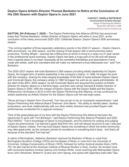 Dayton Opera Artistic Director Thomas Bankston to Retire at the Conclusion of His 25Th Season with Dayton Opera in June 2021