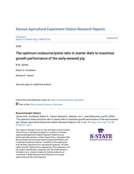 The Optimum Isoleucine:Lysine Ratio in Starter Diets to Maximize Growth Performance of the Early-Weaned Pig