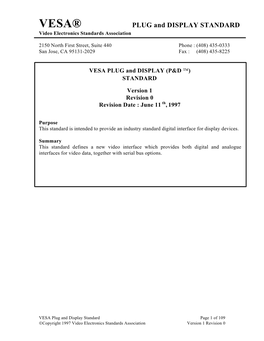 VESA® PLUG and DISPLAY STANDARD Video Electronics Standards Association