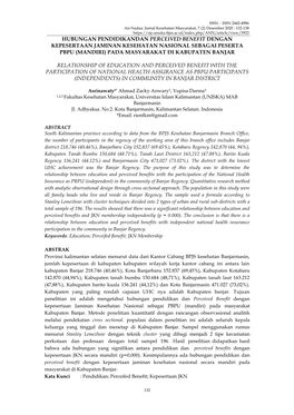 Hubungan Pendidikandan Perceived Benefit Dengan Kepesertaan Jaminan Kesehatan Nasional Sebagai Peserta Pbpu (Mandiri) Pada Masyarakat Di Kabupaten Banjar