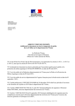 ARRETE N°DDT/SEE/2019/0078 Établissant Le Classement En Réserve Temporaire De Pêche Du Ru D’Aillon Sur Le Département De L’Yonne