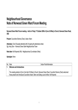 Neighbourhood Governance Note of Norwood Green Ward Forum Meeting ______