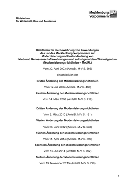 Richtlinien Für Die Gewährung Von Zuwendungen Des Landes Mecklenburg-Vorpommern Zur Modernisierung Und Instandsetzung Von M