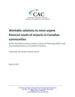 Workable Solutions to Meet Urgent Financial Needs of Airports in Canadian Communities