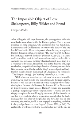 The Impossible Object of Love: Shakespeare, Billy Wilder and Freud