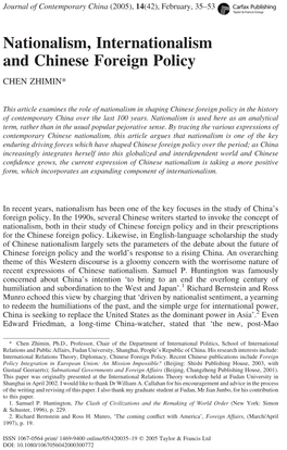 Nationalism, Internationalism and Chinese Foreign Policy CHEN ZHIMIN*