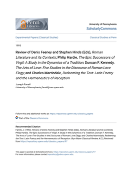 Roman Literature and Its Contexts; Philip Hardie, the Epic Successors of Virgil: a Study in the Dynamics of a Tradition; Duncan F
