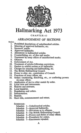Hallmarking Act 1973 CHAPTER 43 ARRANGEMENT of SECTIONS Section 1