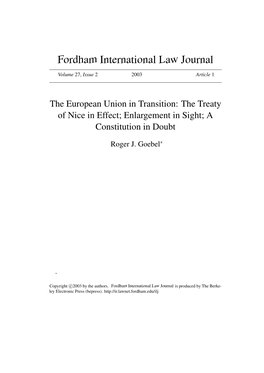 The European Union in Transition: the Treaty of Nice in Effect; Enlargement in Sight; a Constitution in Doubt