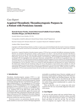 Acquired Thrombotic Thrombocytopenic Purpura in a Patient with Pernicious Anemia