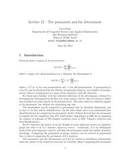 Lecture 12 – the Permanent and the Determinant