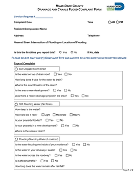 Miami-Dade County Drainage and Canals Flood Complaint Form