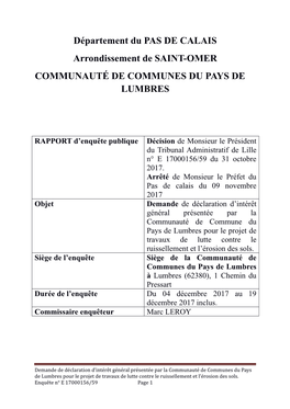 RAPPORT D’Enquête Publique Décision De Monsieur Le Président Du Tribunal Administratif De Lille N° E 17000156/59 Du 31 Octobre 2017