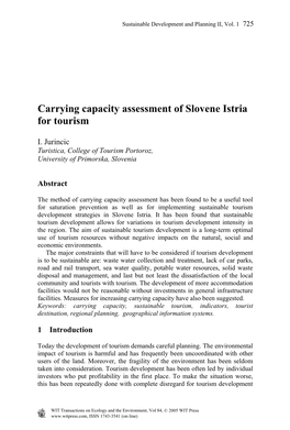 Carrying Capacity Assessment of Slovene Istria for Tourism