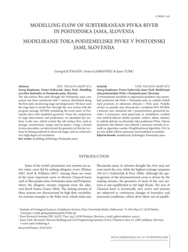 Modelling Flow of Subterranean Pivka River in Postojnska Jama, Slovenia Modeliranje Toka Podzemeljske Pivke V Postojnski Jami, Slovenija