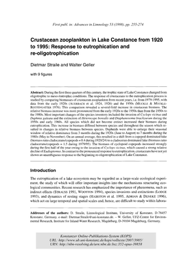 Crustacean Zooplankton in Lake Constance from 1920 to 1995: Response to Eutrophication and Re-Oligotrophication