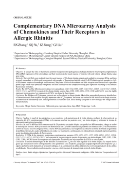 Complementary DNA Microarray Analysis of Chemokines and Their Receptors in Allergic Rhinitis RX Zhang,1 SQ Yu,2 JZ Jiang,3 GJ Liu3