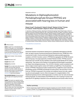 Mutations in Diphosphoinositol- Pentakisphosphate Kinase PPIP5K2 Are Associated with Hearing Loss in Human and Mouse