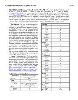 Planetary Nomenclature: an Overview and Update