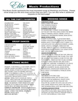 Elite Music Productions This Music Guide Represents the Most Requested Songs at Weddings and Parties