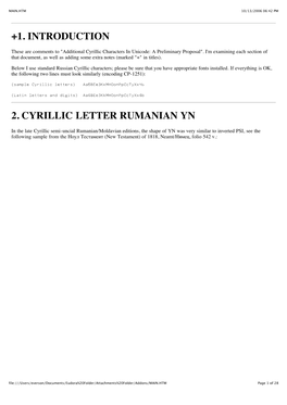 +1. Introduction 2. Cyrillic Letter Rumanian Yn