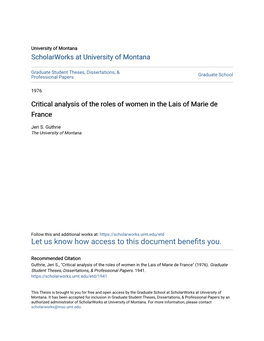 Critical Analysis of the Roles of Women in the Lais of Marie De France