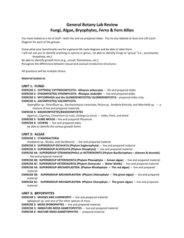 General Botany Lab Review Fungi, Algae, Bryophytes, Ferns & Fern Allies