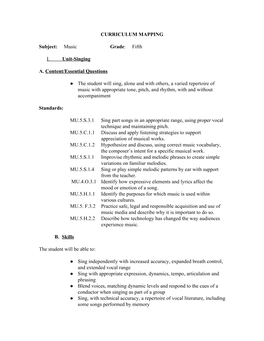 CURRICULUM MAPPING Subject:​ Music ​Grade​: Fifth I. Unit-Singing A. ​Content/Essential Questions the Student