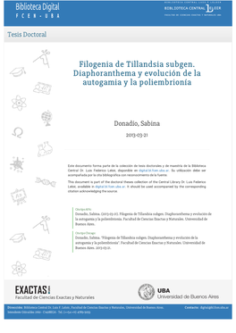 Filogenia De Tillandsia Subgen. Diaphoranthema Y Evolución De La Autogamia Y La Poliembrionía