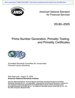 X9.80–2005 Prime Number Generation, Primality Testing, and Primality Certificates