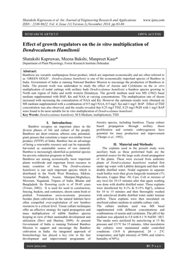 Effect of Growth Regulators on the in Vitro Multiplication of Dendrocalamus Hamiltonii