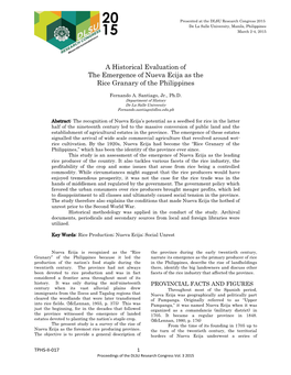 A Historical Evaluation of the Emergence of Nueva Ecija As the Rice Granary of the Philippines