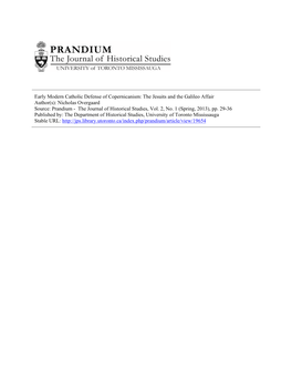 The Jesuits and the Galileo Affair Author(S): Nicholas Overgaard Source: Prandium - the Journal of Historical Studies, Vol