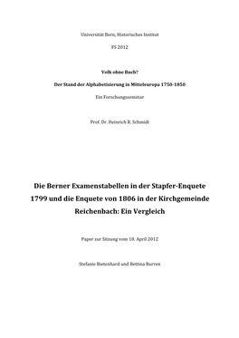 Die Berner Examenstabellen in Der Stapfer-‐Enquete 1799 Und Die