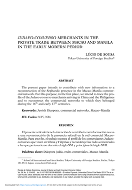 Judaeo-Converso Merchants in the Private Trade Between Macao and Manila in the Early Modern Period