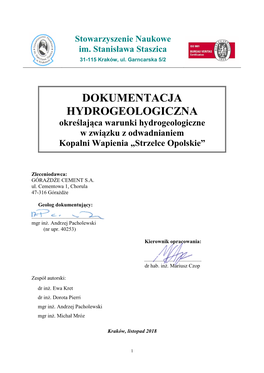 DOKUMENTACJA HYDROGEOLOGICZNA Określająca Warunki Hydrogeologiczne W Związku Z Odwadnianiem Kopalni Wapienia „Strzelce Opolskie”